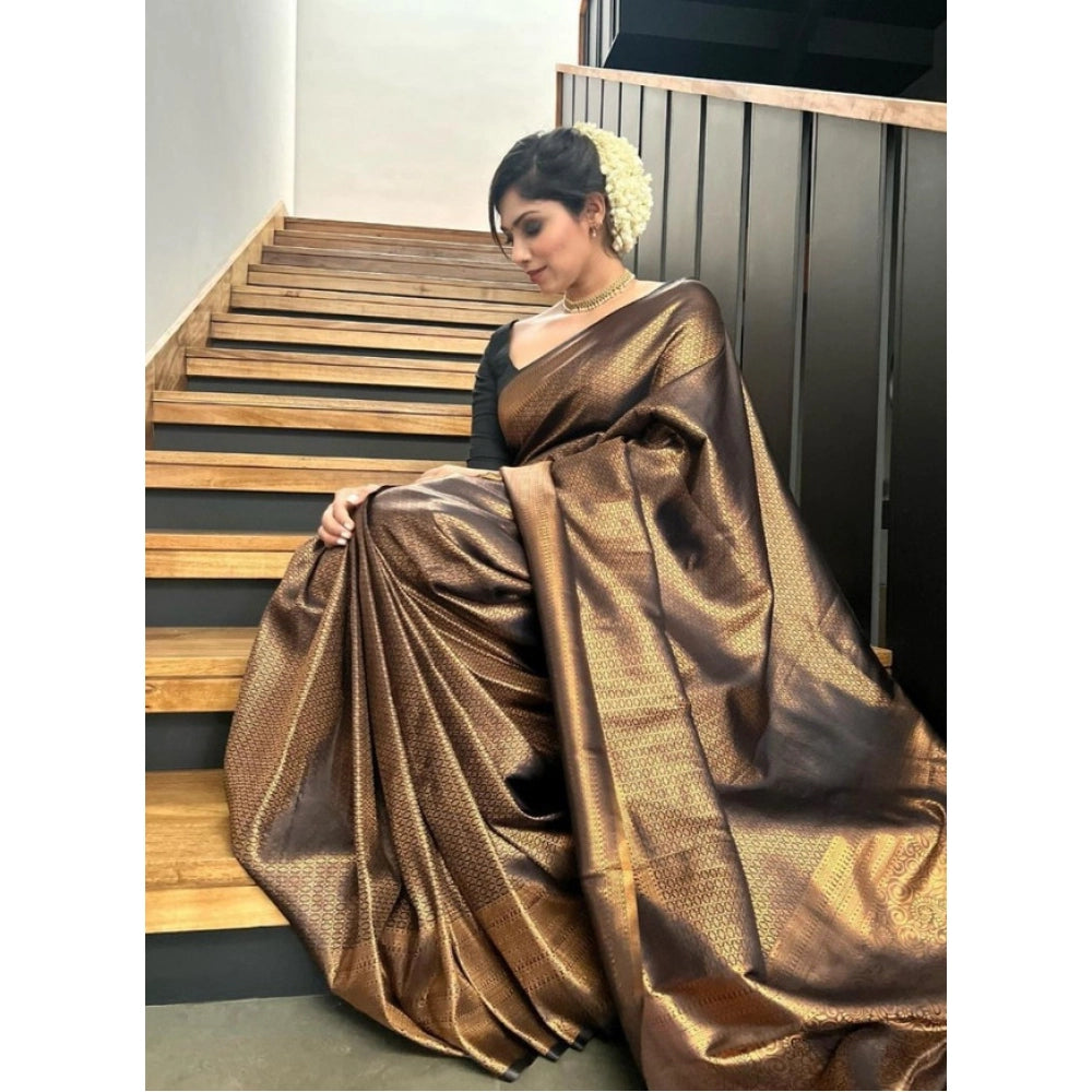 Generic Women's Litchi silk Printed Saree With Unstitched Blouse (Gold) Secondary image