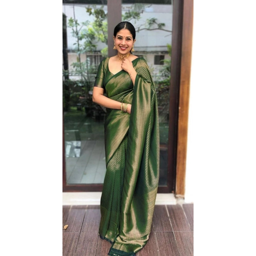 Generic Women's Litchi silk Printed Saree With Unstitched Blouse (Green) Main image