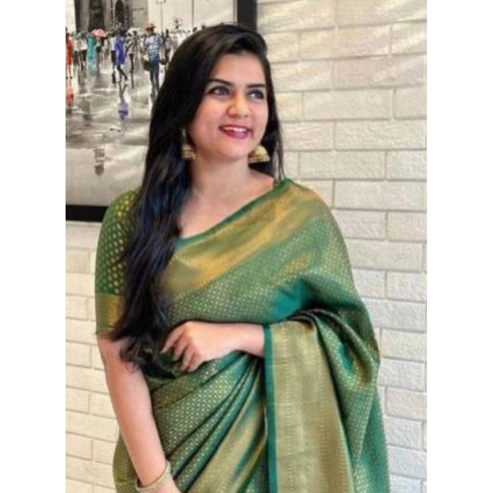 Generic Women's Litchi silk Printed Saree With Unstitched Blouse (Green) Secondary image
