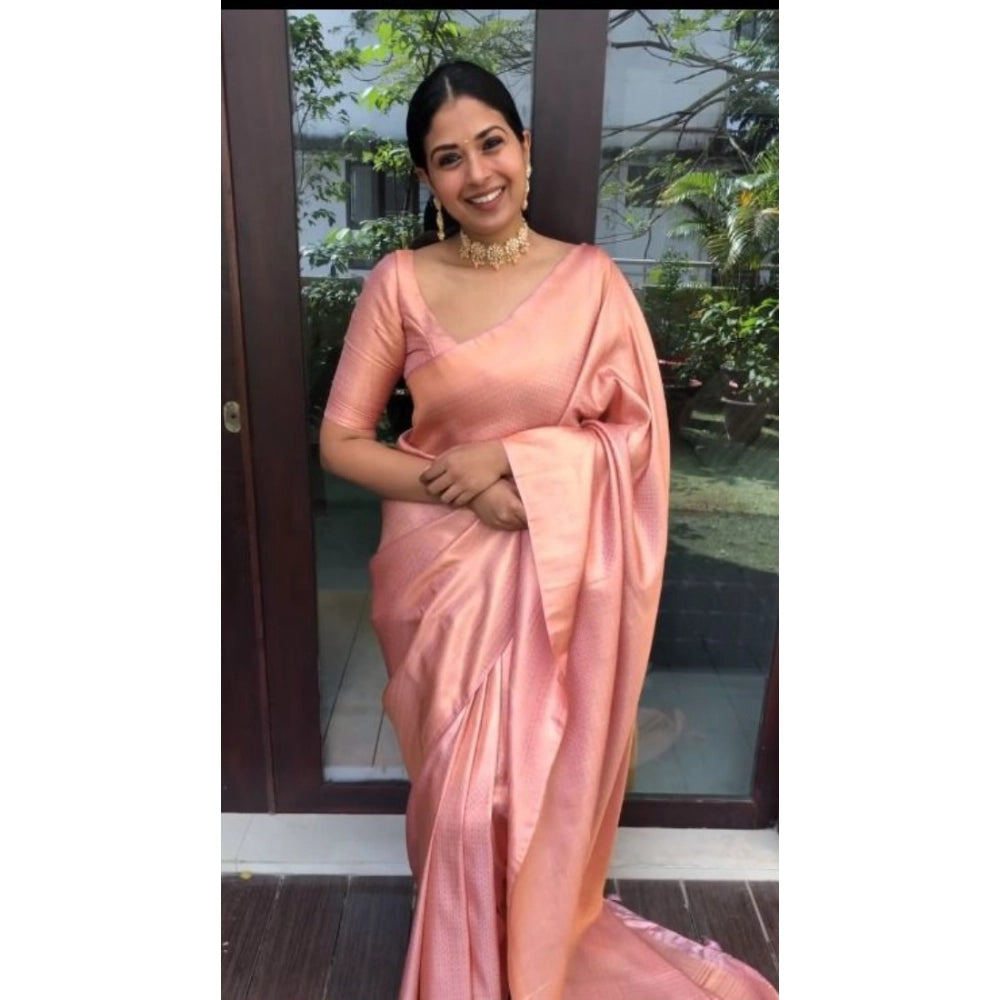 Generic Women's Litchi silk Printed Saree With Unstitched Blouse (Peach) Main image