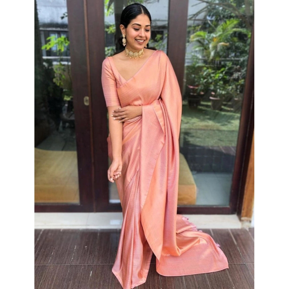 Generic Women's Litchi silk Printed Saree With Unstitched Blouse (Peach) Secondary image
