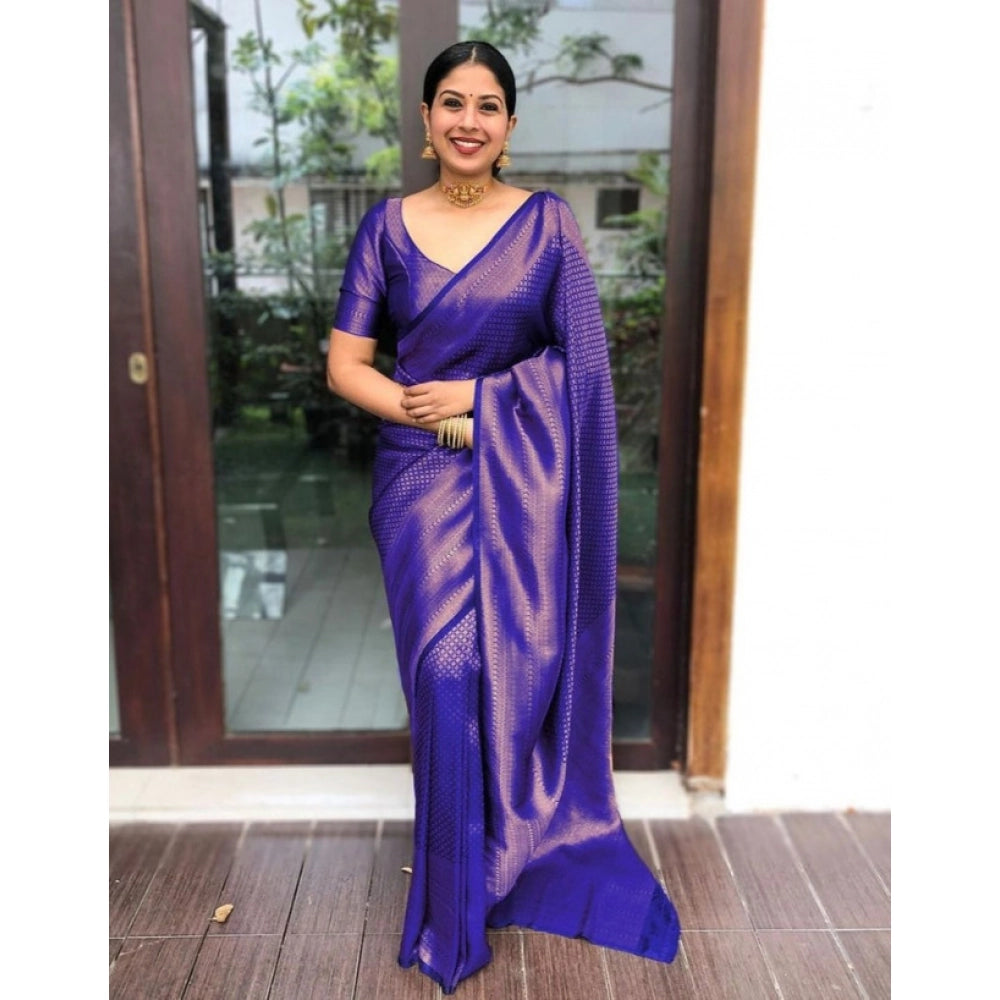 Generic Women's Litchi silk Printed Saree With Unstitched Blouse (Purple) Main image