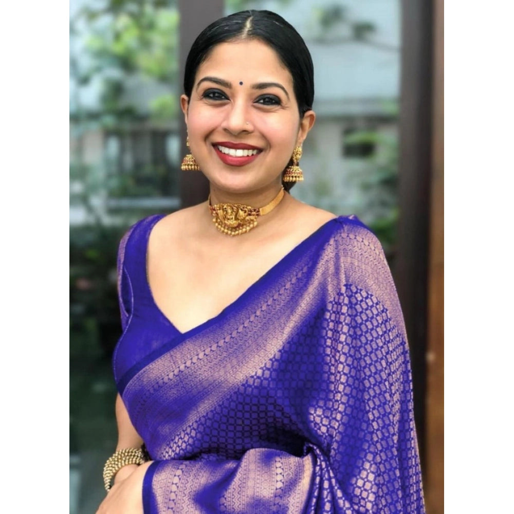 Generic Women's Litchi silk Printed Saree With Unstitched Blouse (Purple) Secondary image
