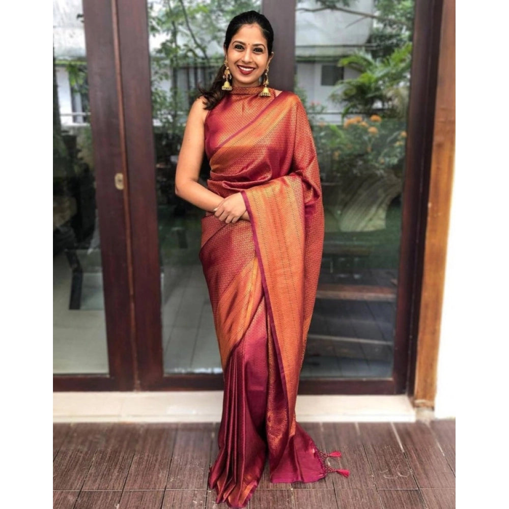 Generic Women's Litchi silk Printed Saree With Unstitched Blouse (Red)