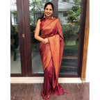 Generic Women's Litchi silk Printed Saree With Unstitched Blouse (Red)
