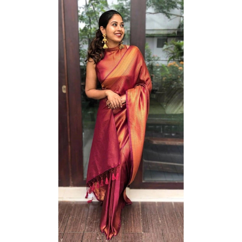 Generic Women's Litchi silk Printed Saree With Unstitched Blouse (Red) Secondary image