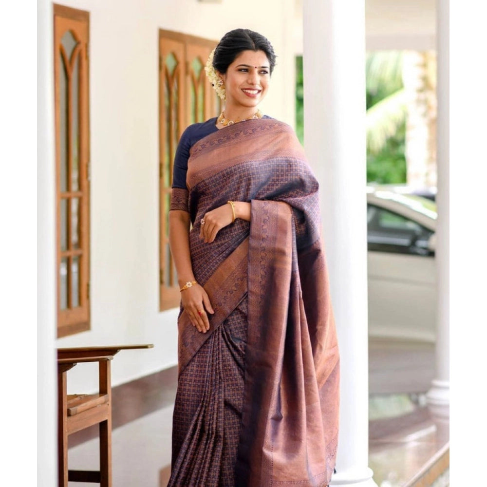 Generic Women's Litchi silk Printed Saree With Unstitched Blouse (Navy Blue) Main image