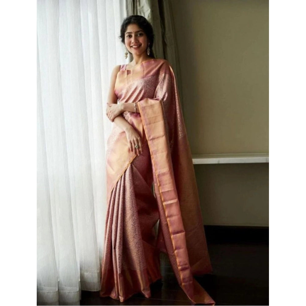 Generic Women's Litchi silk Printed Saree With Unstitched Blouse (Light Pink) Main image