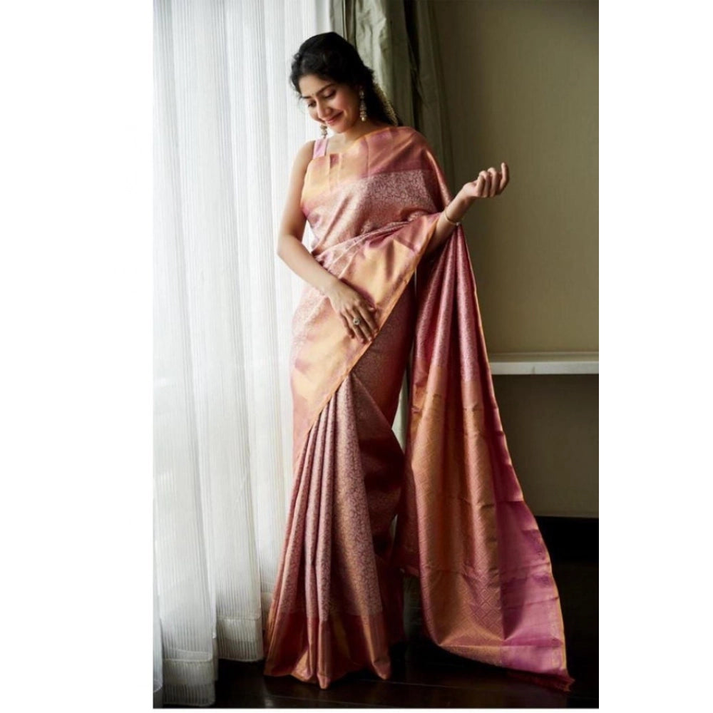 Generic Women's Litchi silk Printed Saree With Unstitched Blouse (Light Pink) Secondary image
