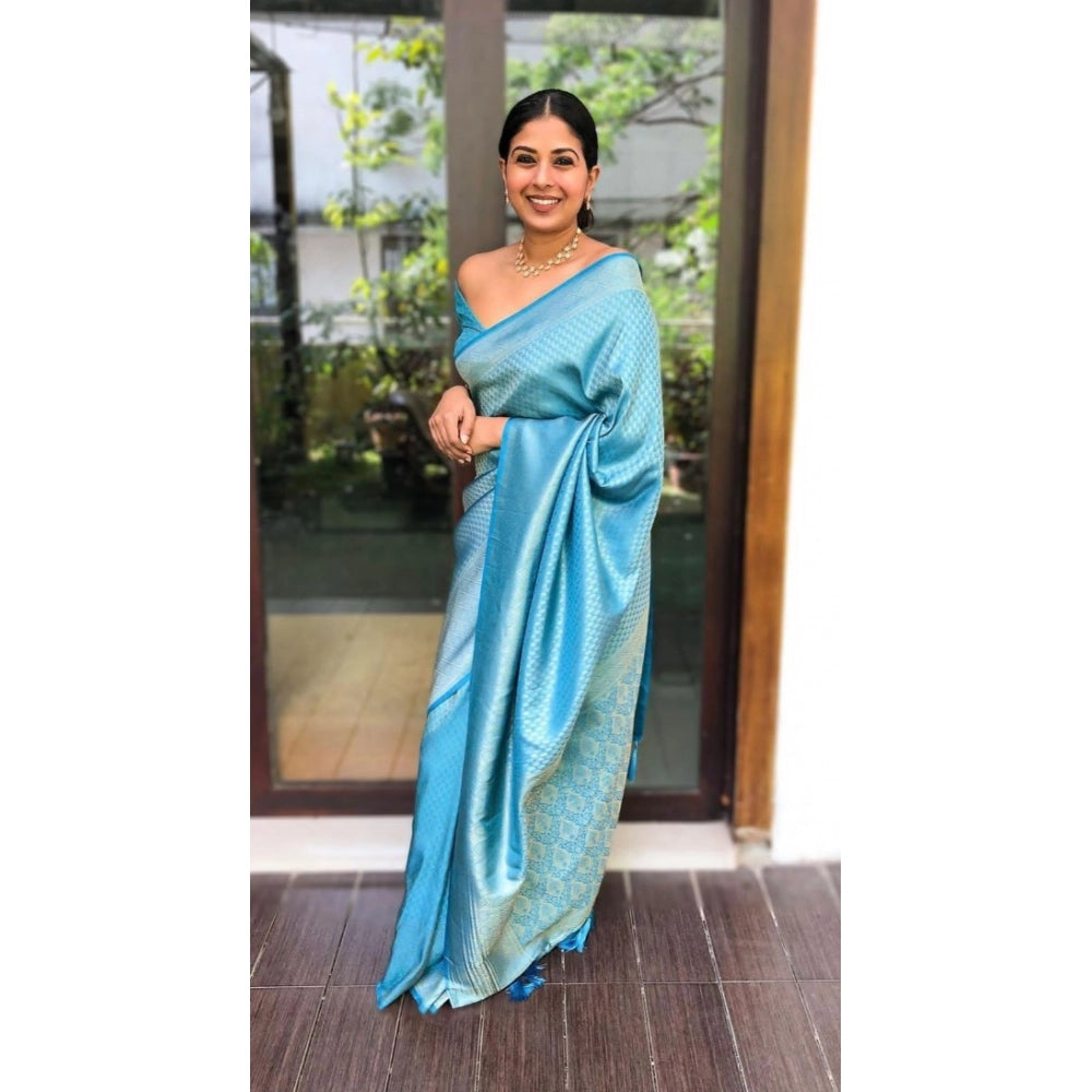 Generic Women's Litchi silk Printed Saree With Unstitched Blouse (Sky Blue) Main image