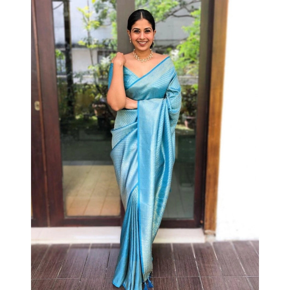 Generic Women's Litchi silk Printed Saree With Unstitched Blouse (Sky Blue) Secondary image