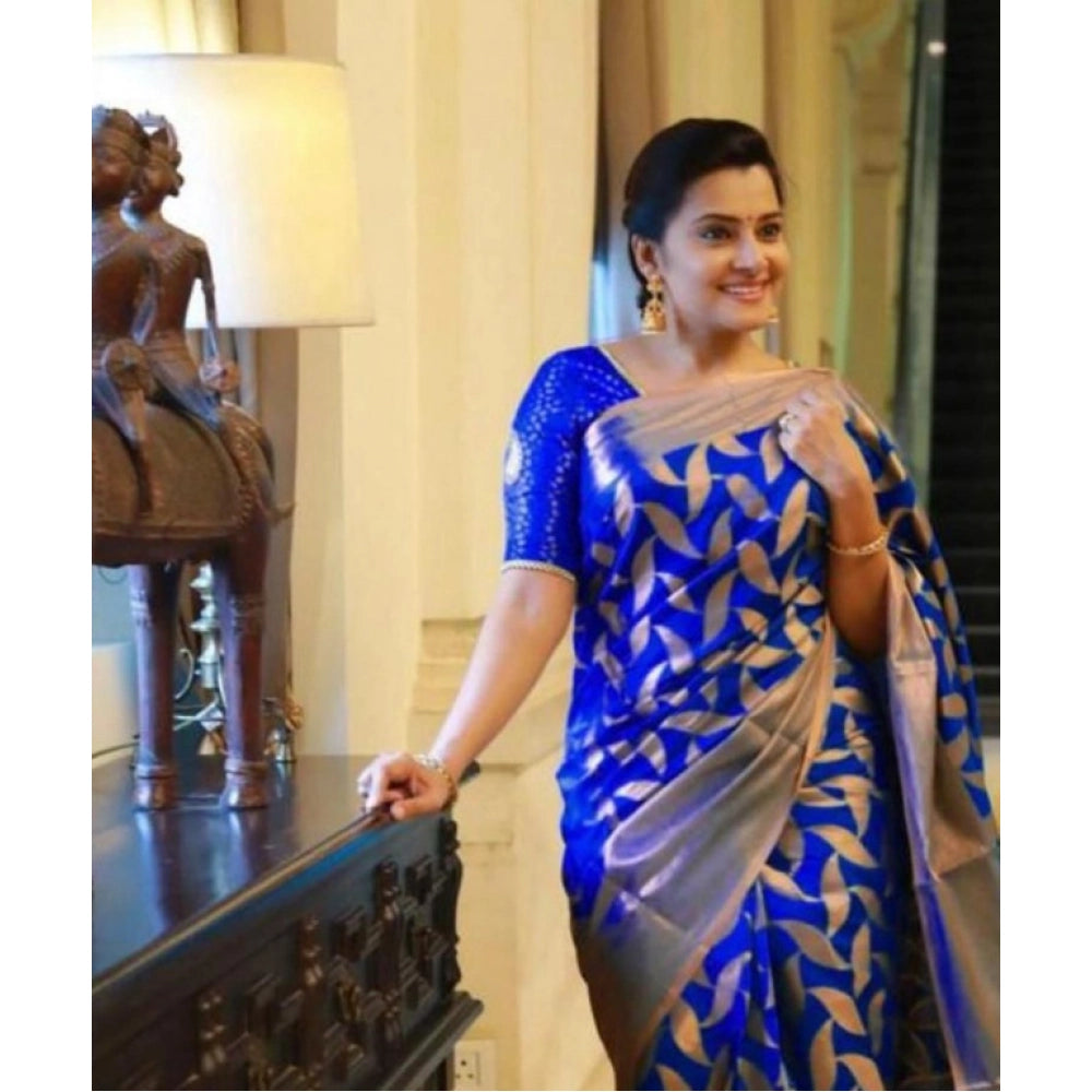 Generic Women's Litchi silk Printed Saree With Unstitched Blouse (Blue) Main image
