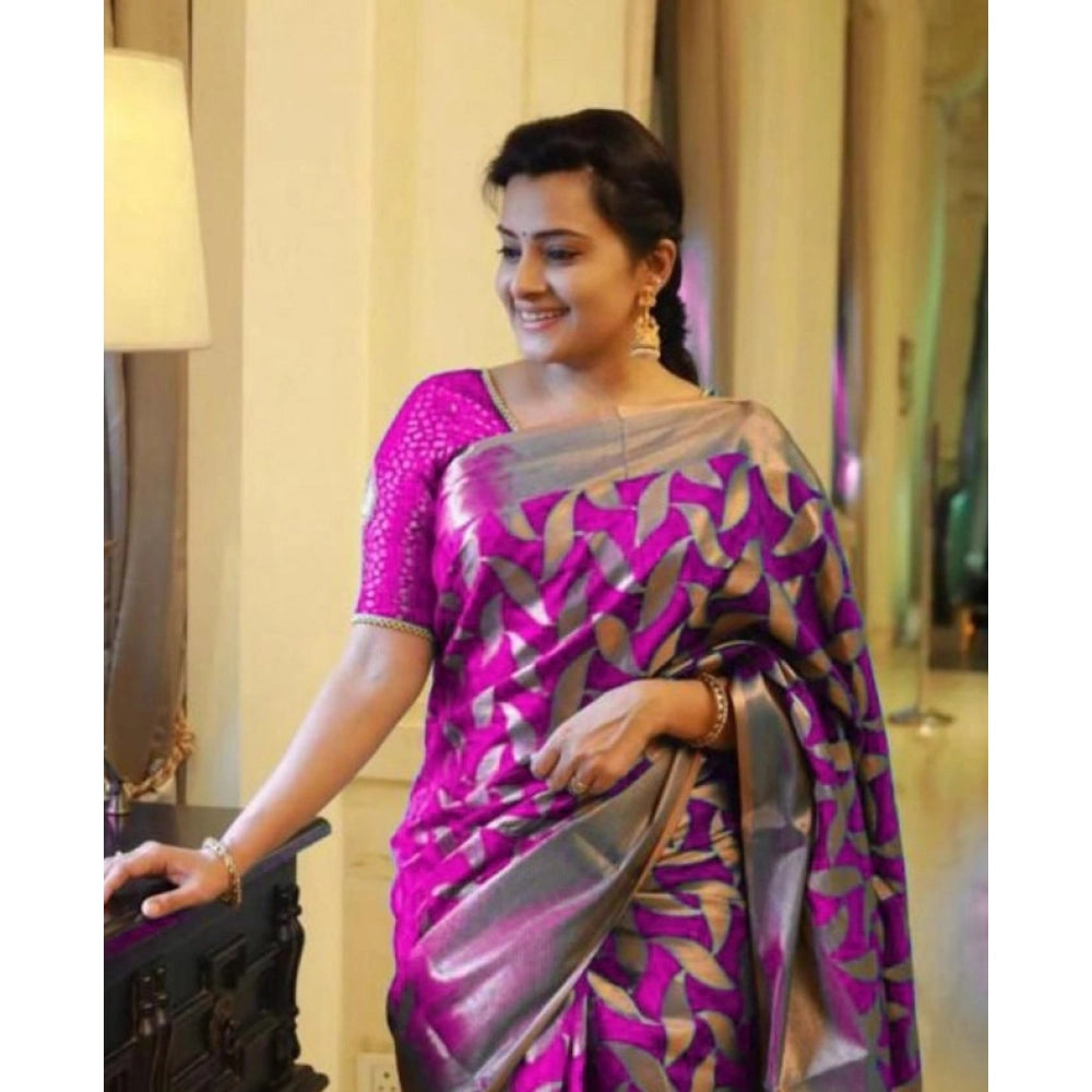 Generic Women's Litchi silk Printed Saree With Unstitched Blouse (Pink) Secondary image