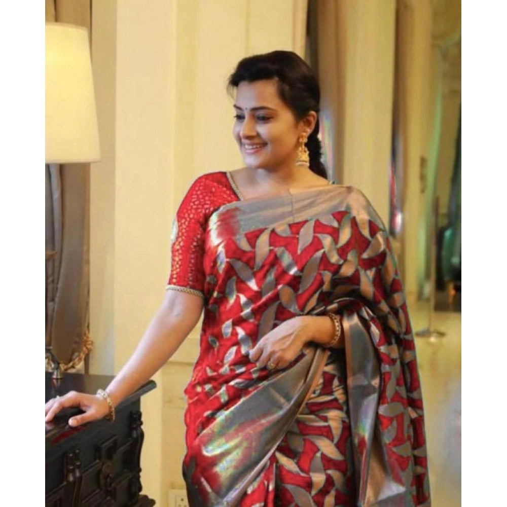 Generic Women's Litchi silk Printed Saree With Unstitched Blouse (Red) Secondary image
