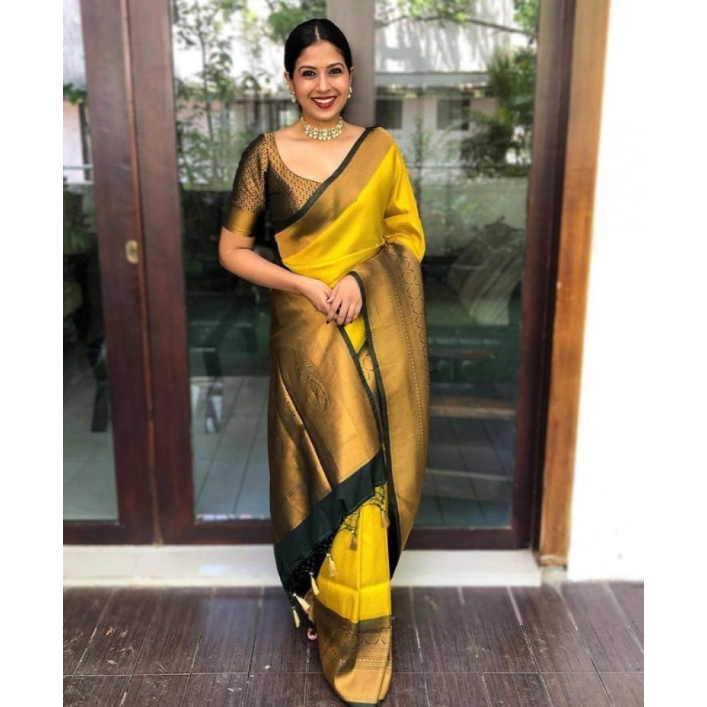 Generic Women's Litchi silk Printed Saree With Unstitched Blouse (Yellow) Main image