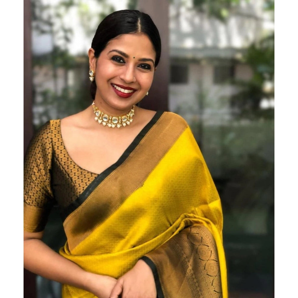 Generic Women's Litchi silk Printed Saree With Unstitched Blouse (Yellow) Secondary image