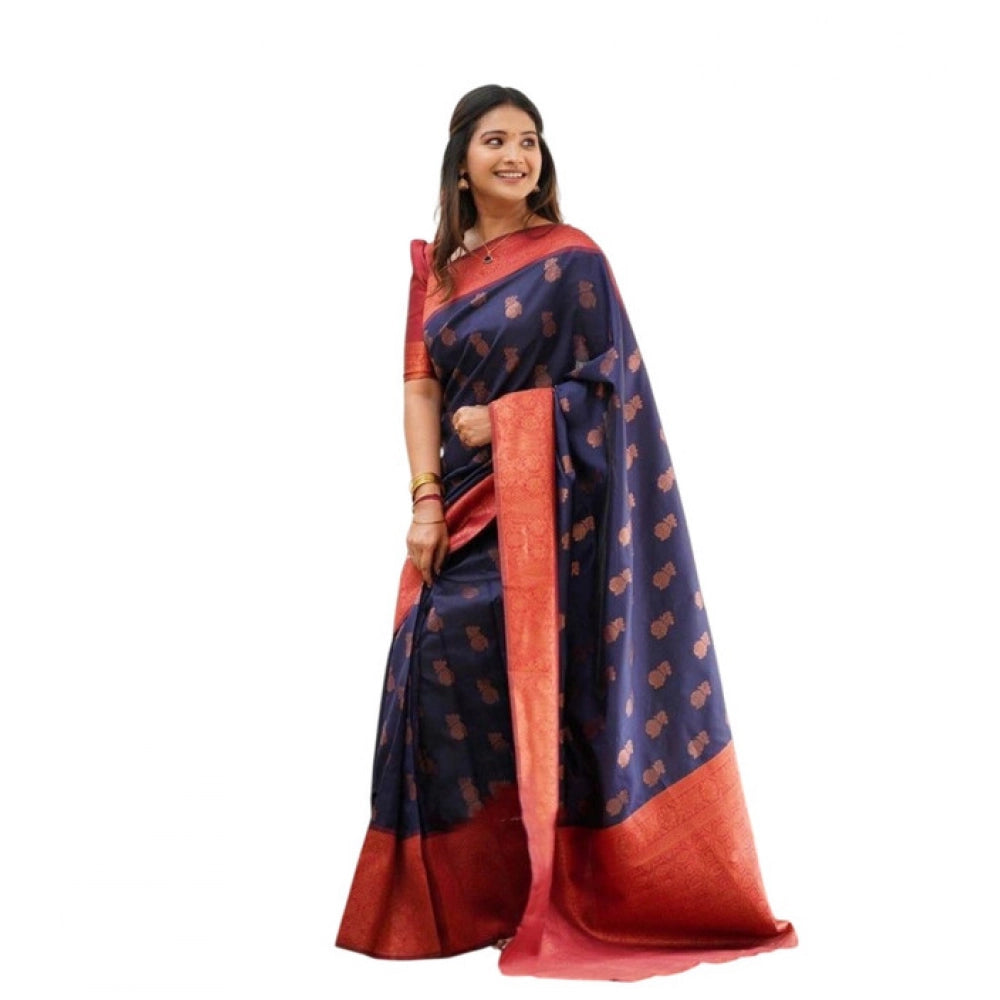 Generic Women's Litchi silk Printed Saree With Unstitched Blouse (Blue) Main image