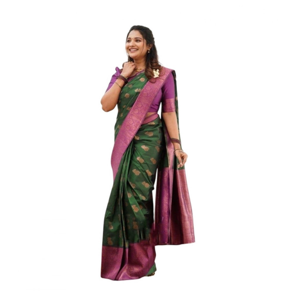 Generic Women's Litchi silk Printed Saree With Unstitched Blouse (Green) Main image