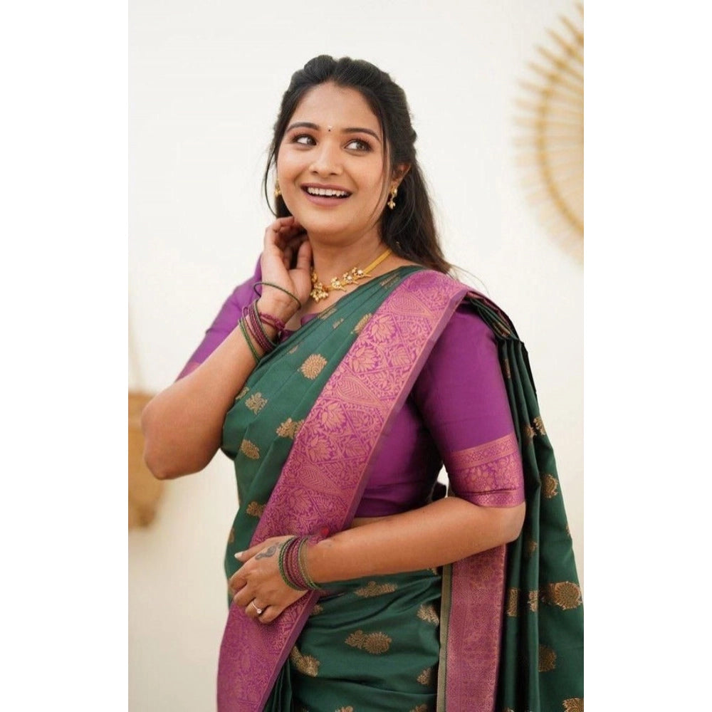 Generic Women's Litchi silk Printed Saree With Unstitched Blouse (Green) Secondary image