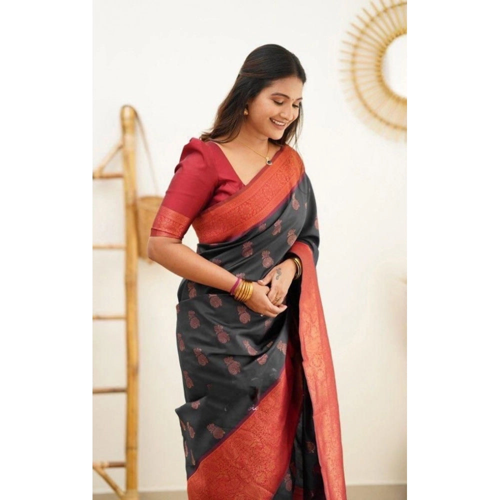 Generic Women's Litchi silk Printed Saree With Unstitched Blouse (Grey) Secondary image