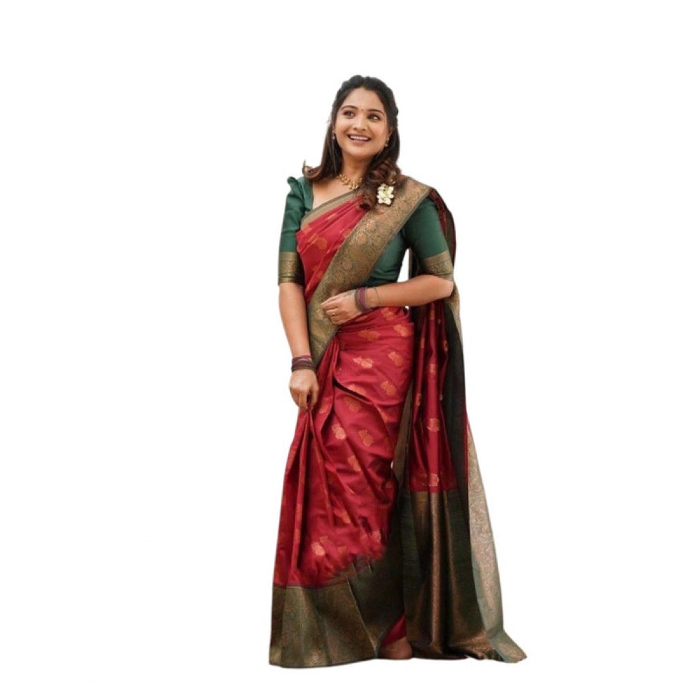 Generic Women's Litchi silk Printed Saree With Unstitched Blouse (Red) Main image