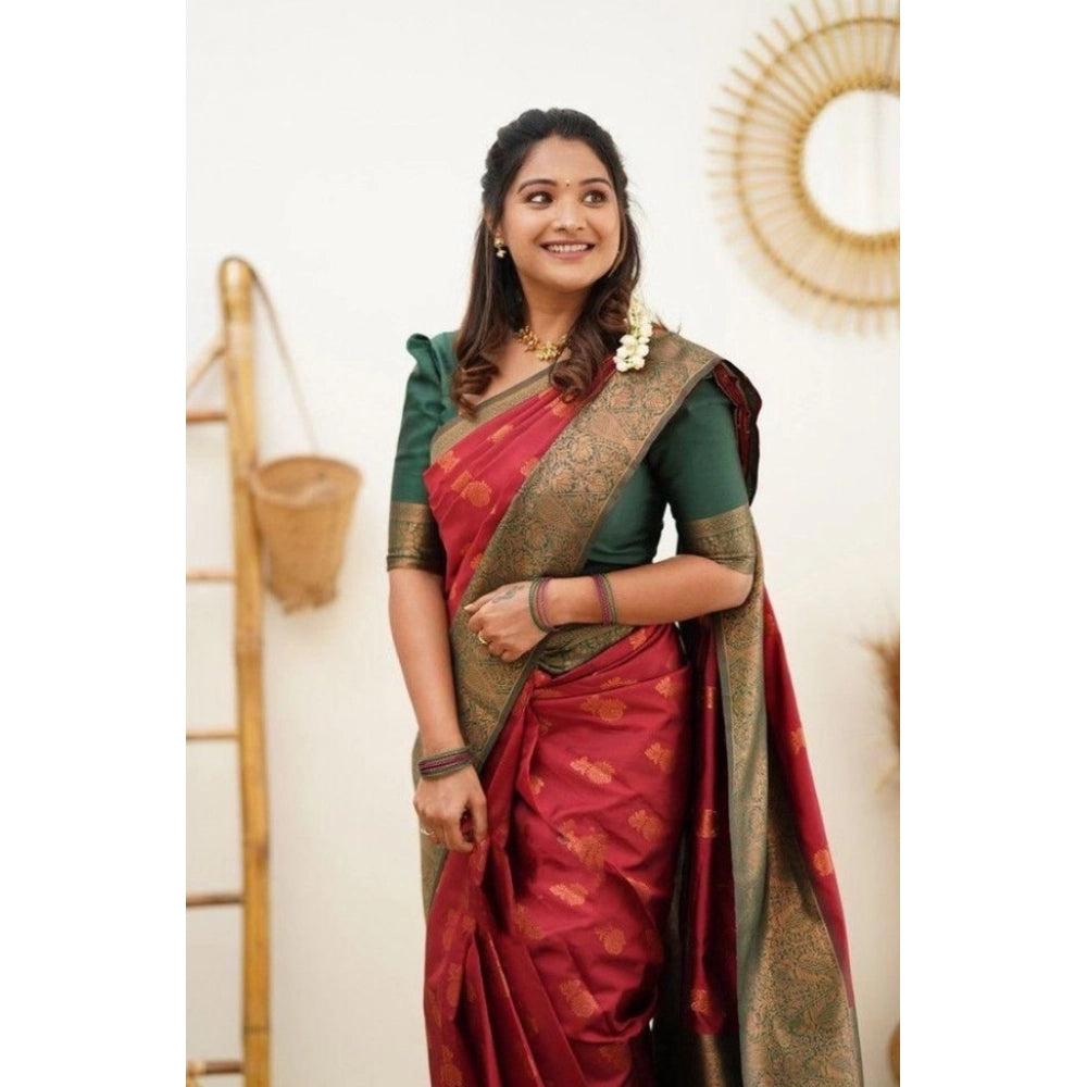 Generic Women's Litchi silk Printed Saree With Unstitched Blouse (Red) Secondary image