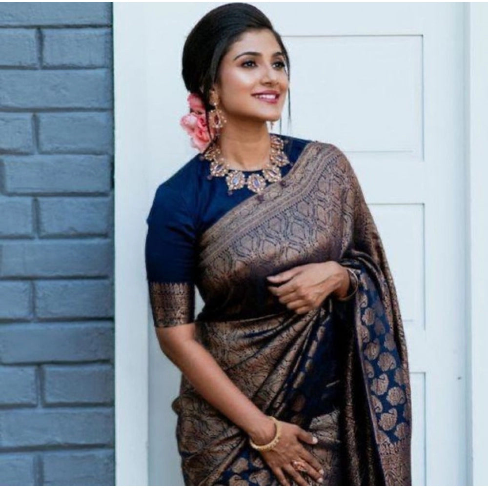 Generic Women's Litchi silk Printed Saree With Unstitched Blouse (Blue) Main image