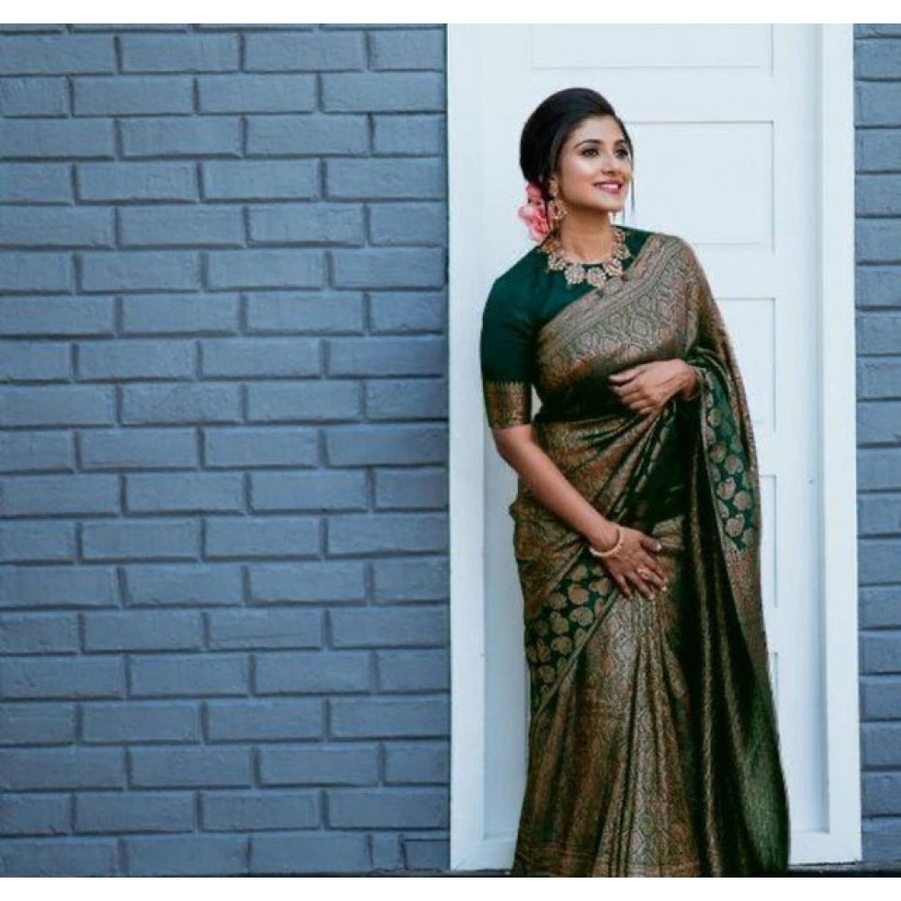 Generic Women's Litchi silk Printed Saree With Unstitched Blouse (Green) Main image
