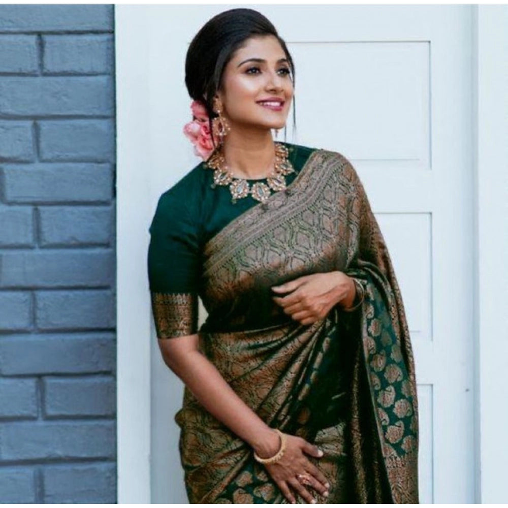 Generic Women's Litchi silk Printed Saree With Unstitched Blouse (Green) Secondary image