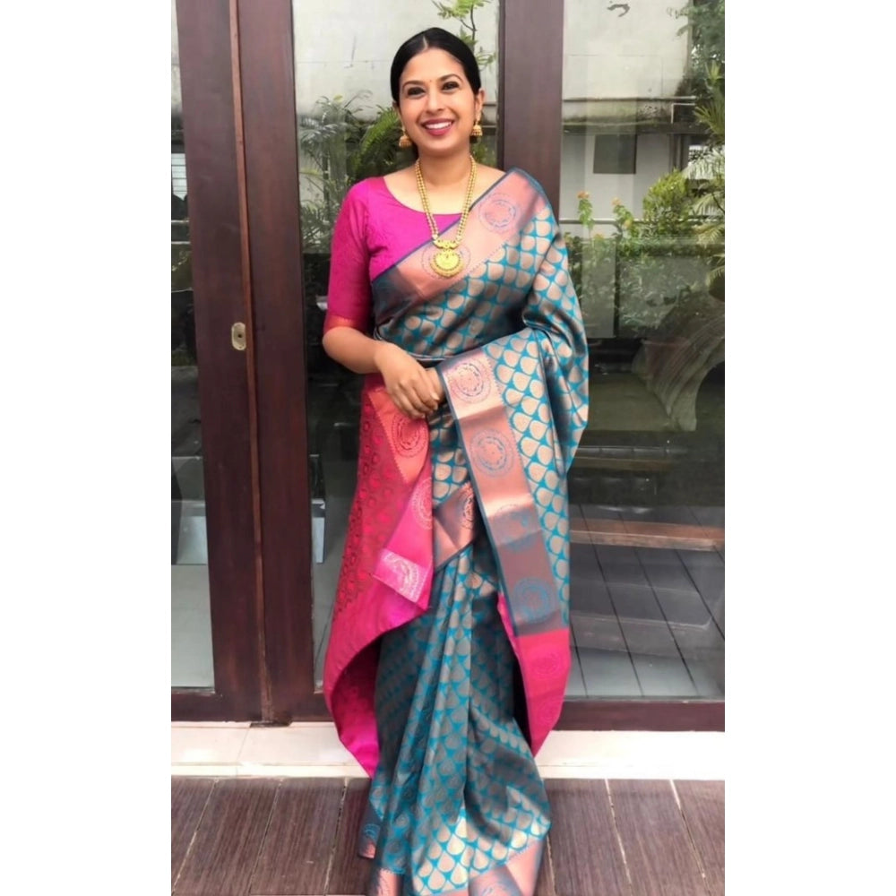 Generic Women's Litchi silk Printed Saree With Unstitched Blouse (Blue) Main image