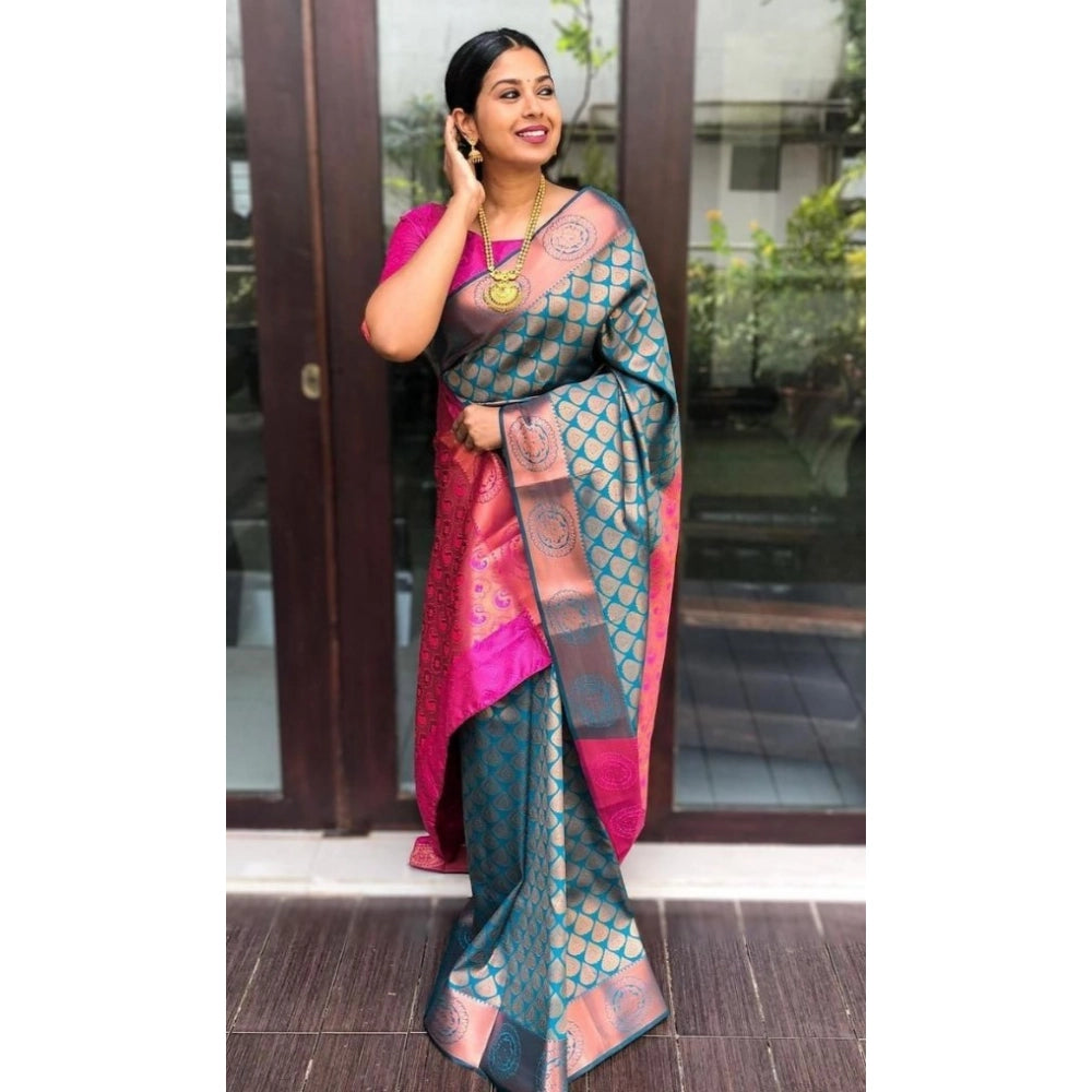 Generic Women's Litchi silk Printed Saree With Unstitched Blouse (Blue) Secondary image