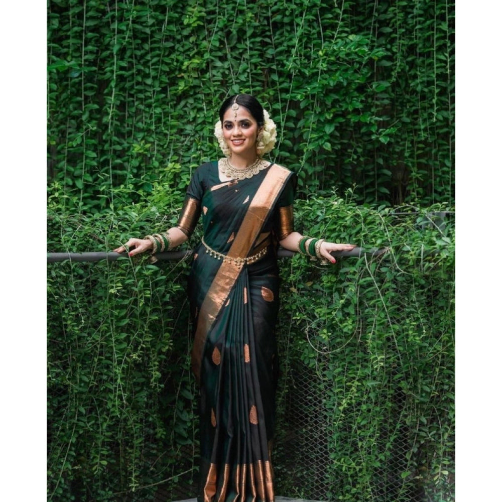 Generic Women's Litchi silk Printed Saree With Unstitched Blouse (Green) Secondary image