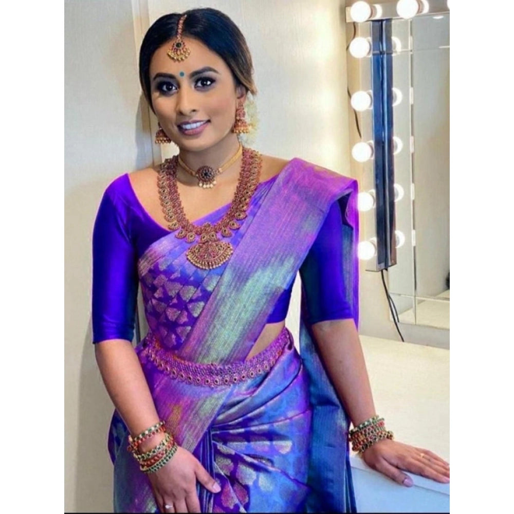 Generic Women's Litchi silk Printed Saree With Unstitched Blouse (Blue) Main image