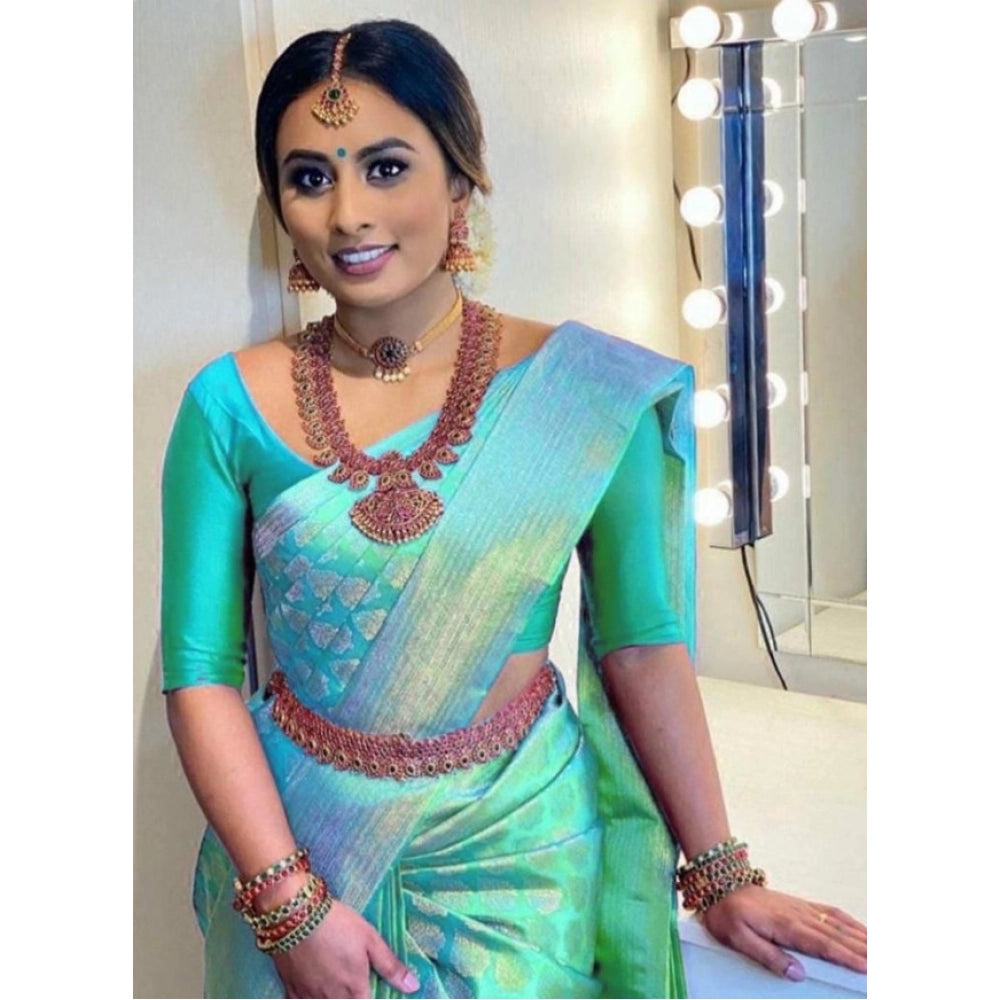 Generic Women's Litchi silk Printed Saree With Unstitched Blouse (Green) Main image