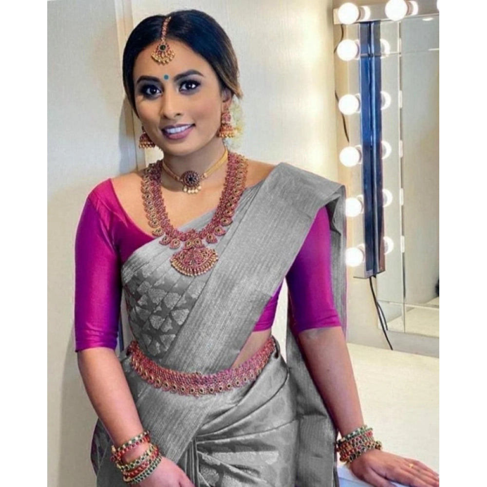 Generic Women's Litchi silk Printed Saree With Unstitched Blouse (Grey) Main image