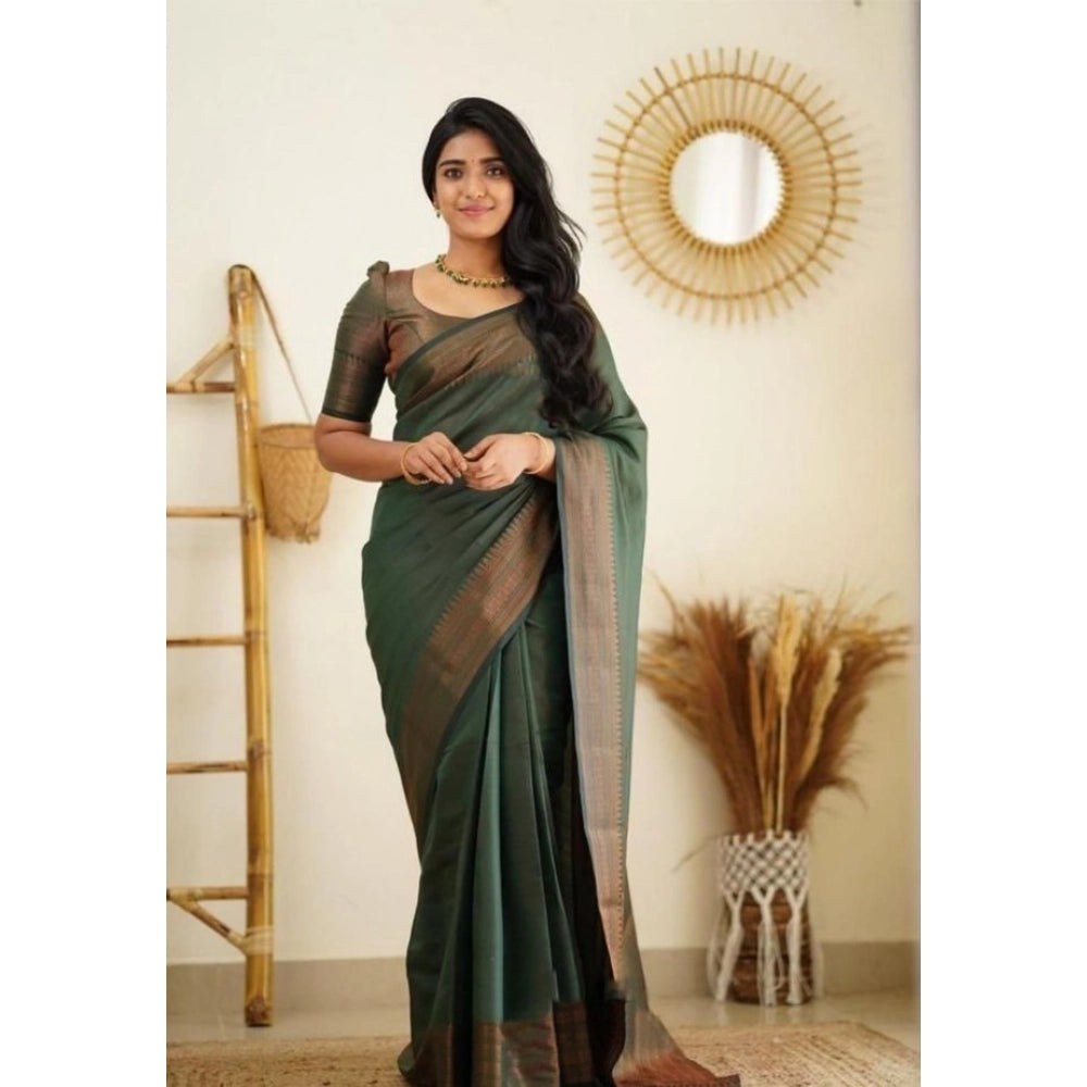 Generic Women's Litchi silk Printed Saree With Unstitched Blouse (Green) Main image