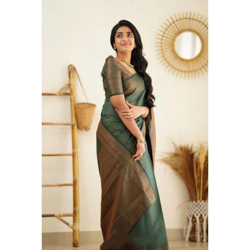 Generic Women's Litchi silk Printed Saree With Unstitched Blouse (Green) Secondary image