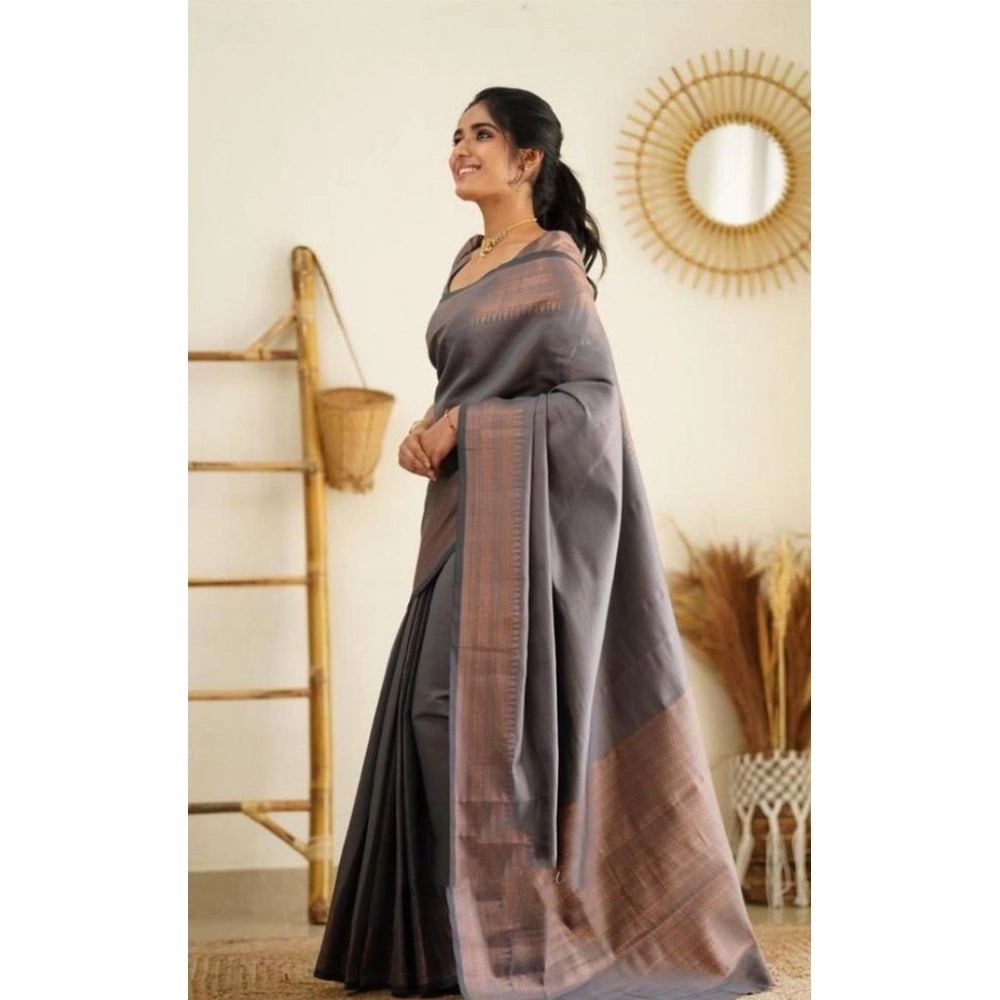 Generic Women's Litchi silk Printed Saree With Unstitched Blouse (Grey) Secondary image