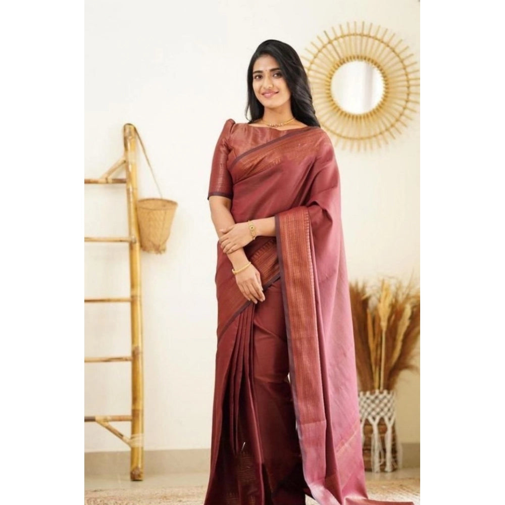 Generic Women's Litchi silk Printed Saree With Unstitched Blouse (Maroon) Main image