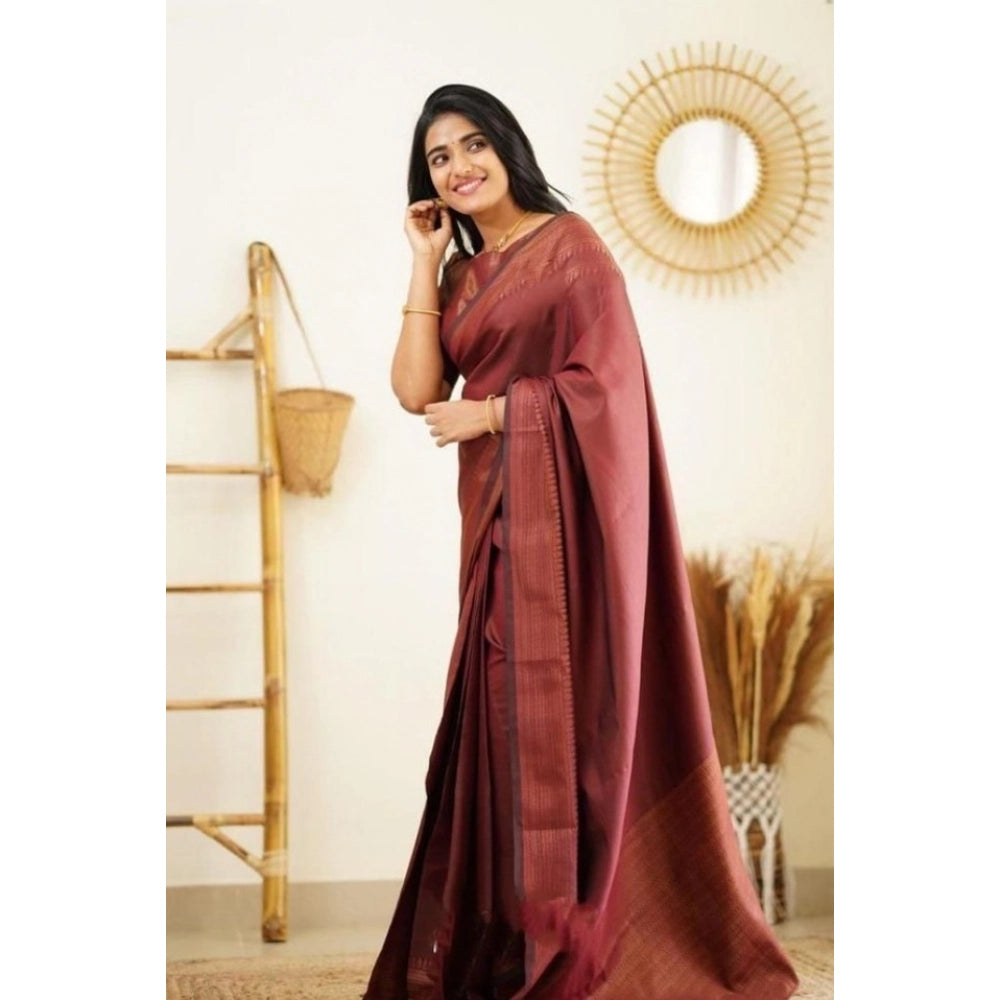 Generic Women's Litchi silk Printed Saree With Unstitched Blouse (Maroon) Secondary image