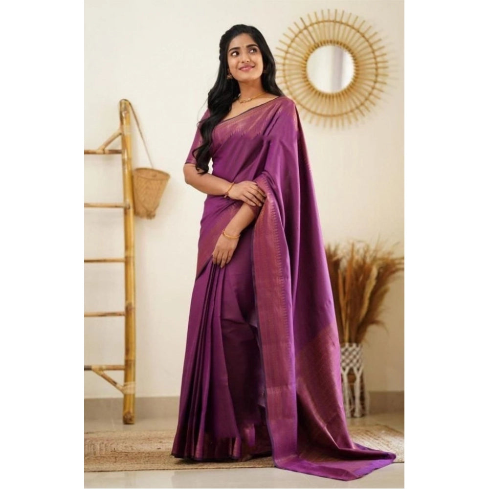 Generic Women's Litchi silk Printed Saree With Unstitched Blouse (Purple) Main image