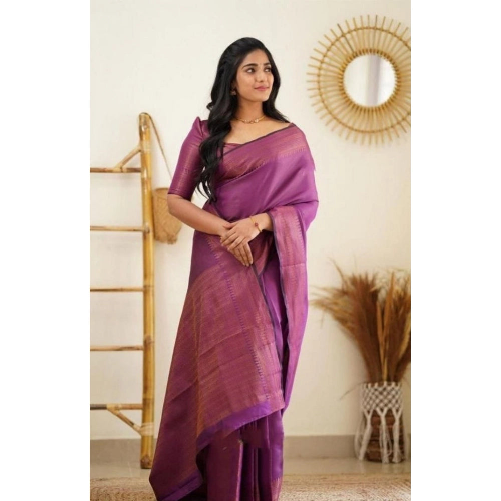 Generic Women's Litchi silk Printed Saree With Unstitched Blouse (Purple) Secondary image