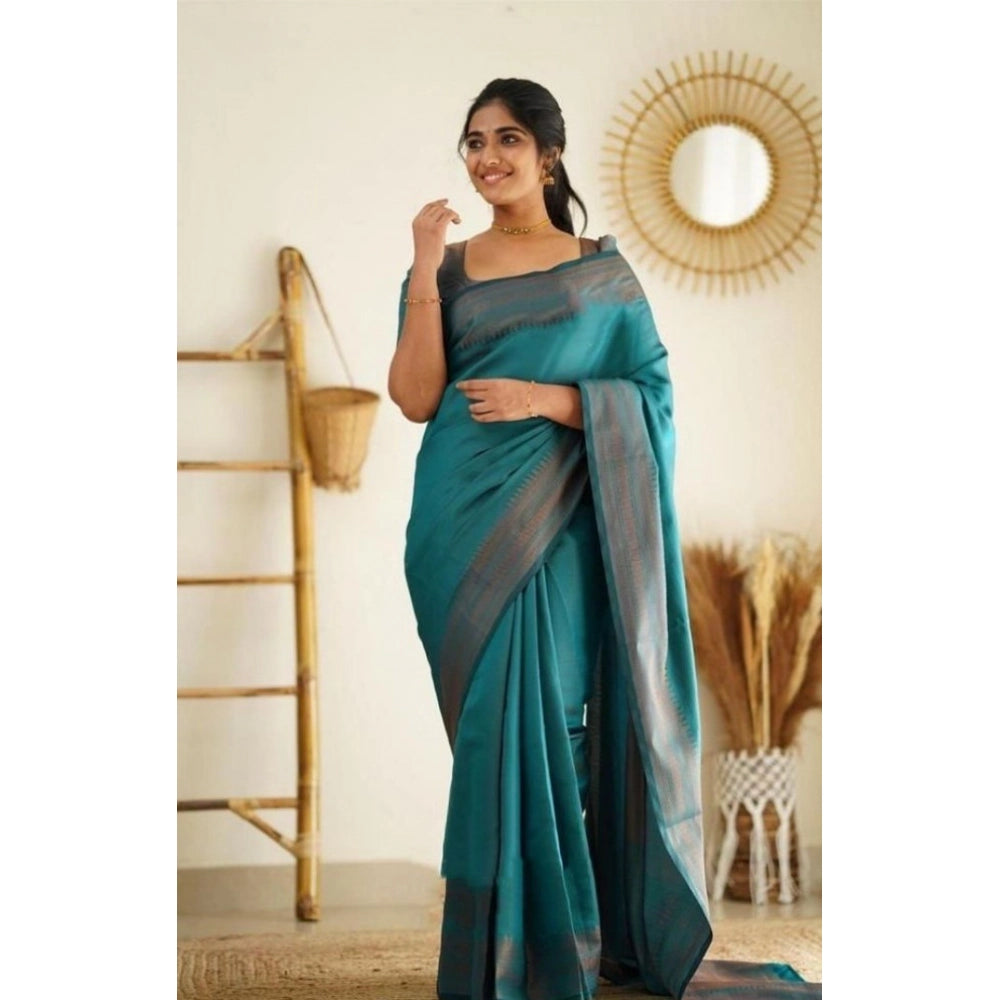Generic Women's Litchi silk Printed Saree With Unstitched Blouse (Rama Blue) Main image