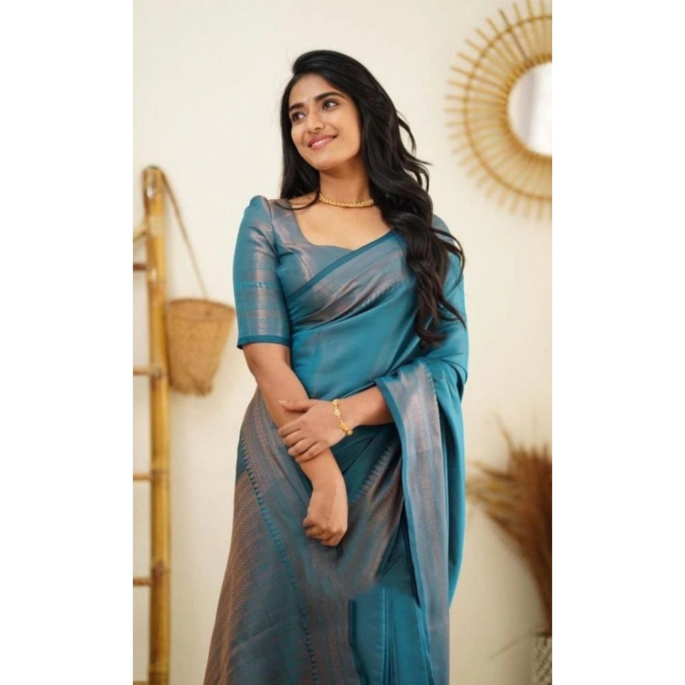 Generic Women's Litchi silk Printed Saree With Unstitched Blouse (Rama Blue) Secondary image