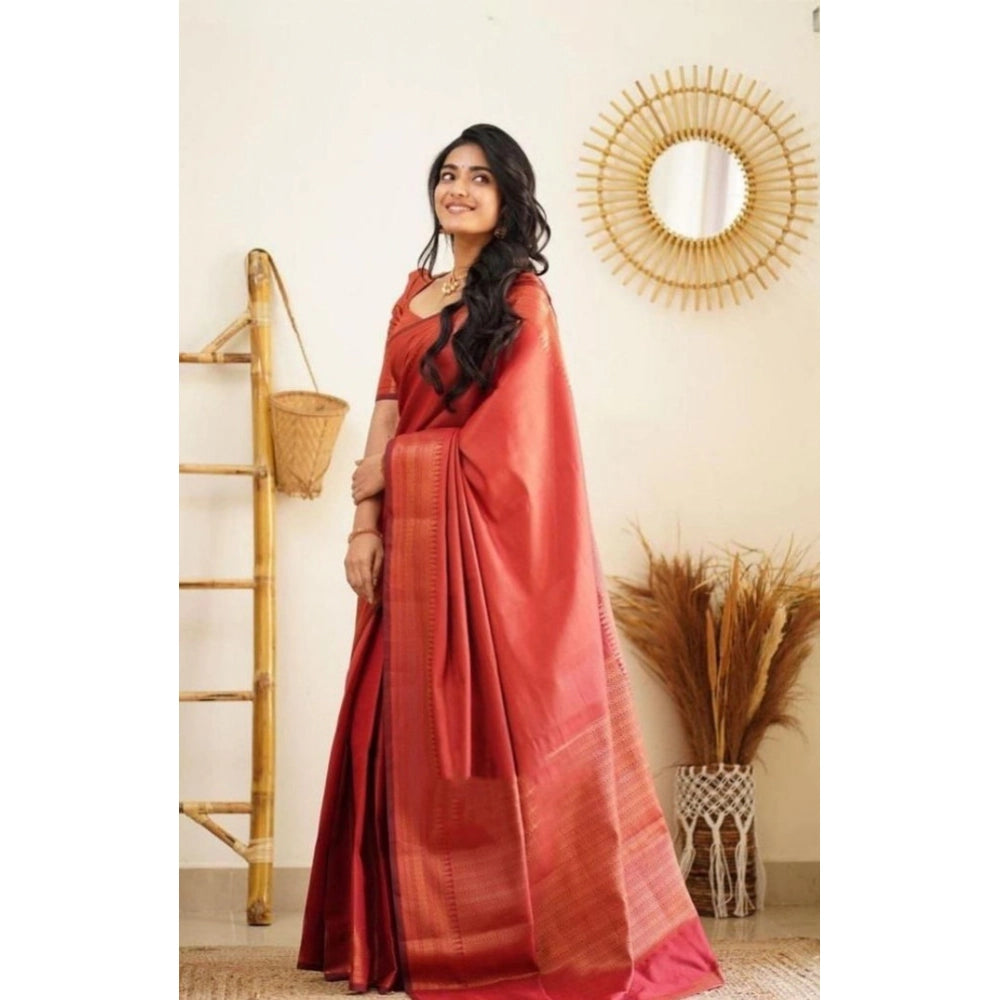 Generic Women's Litchi silk Printed Saree With Unstitched Blouse (Red) Main image
