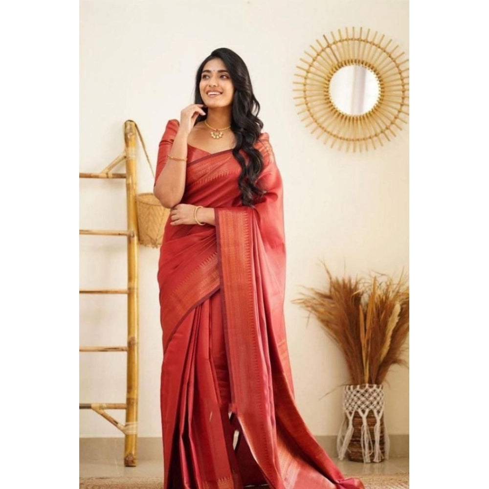Generic Women's Litchi silk Printed Saree With Unstitched Blouse (Red) Secondary image