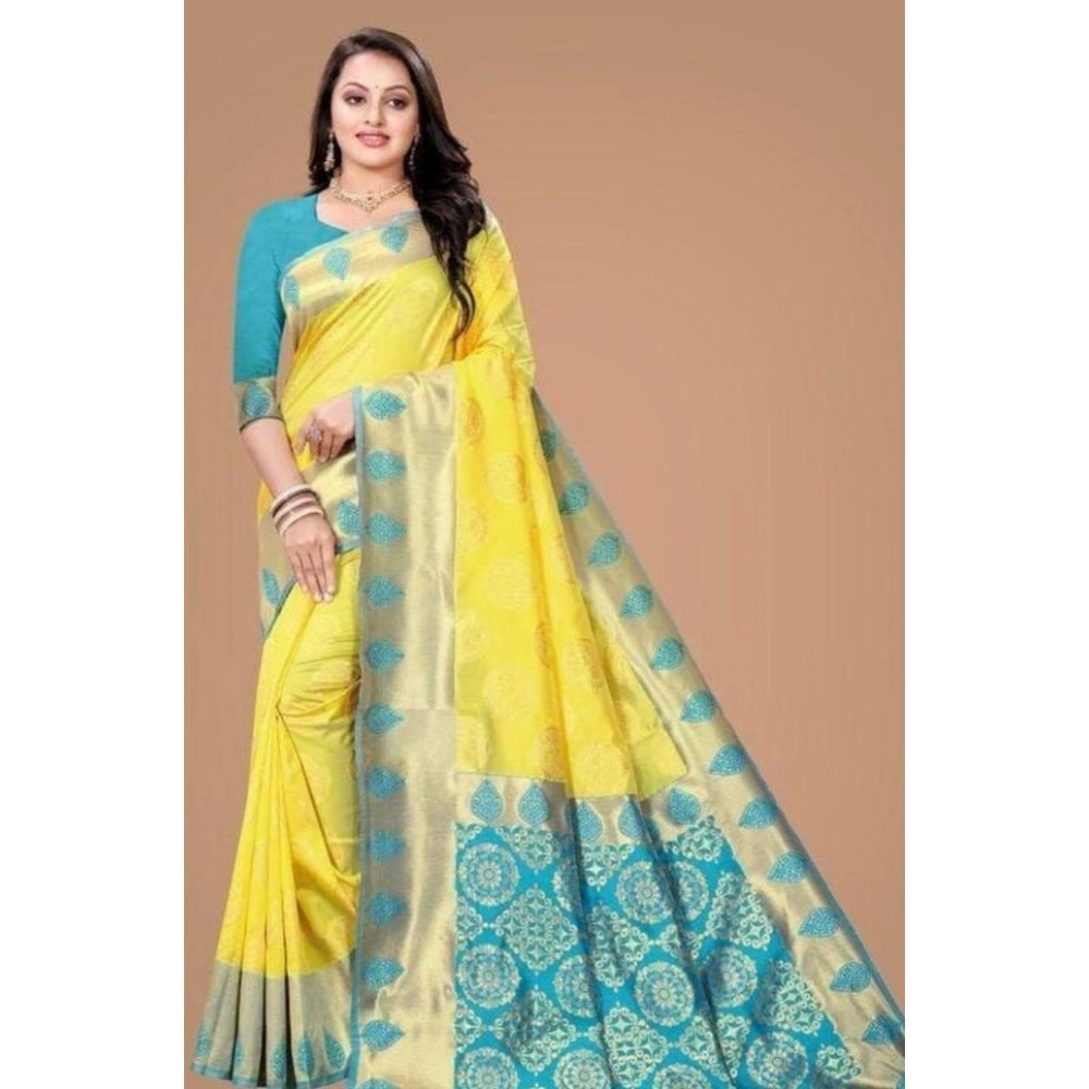 Generic Women's Litchi silk Printed Saree With Unstitched Blouse (Yellow) Main image