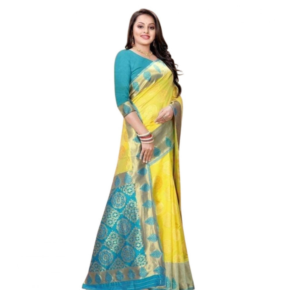 Generic Women's Litchi silk Printed Saree With Unstitched Blouse (Yellow) Secondary image