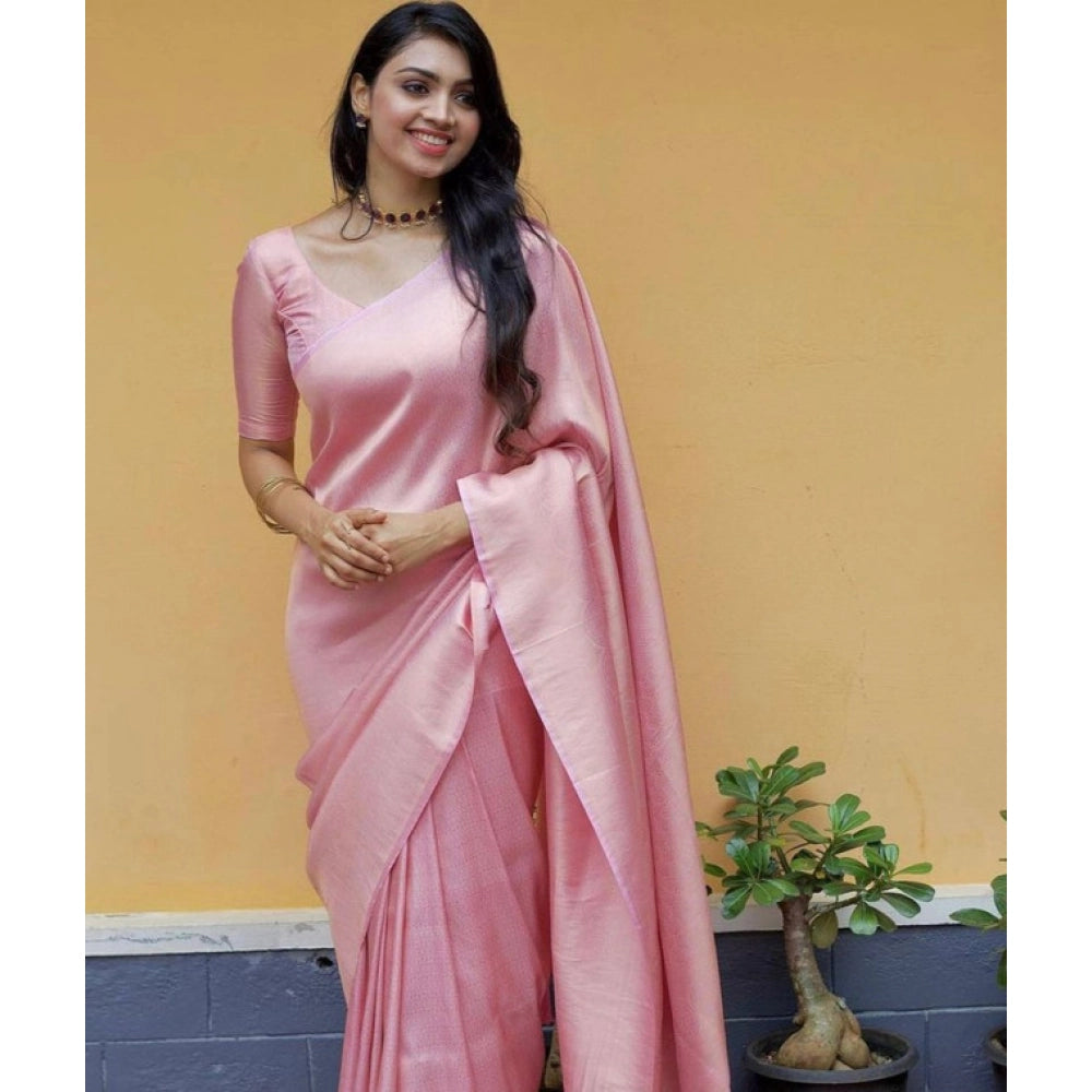 Generic Women's Litchi silk Printed Saree With Unstitched Blouse (Light Pink) Main image