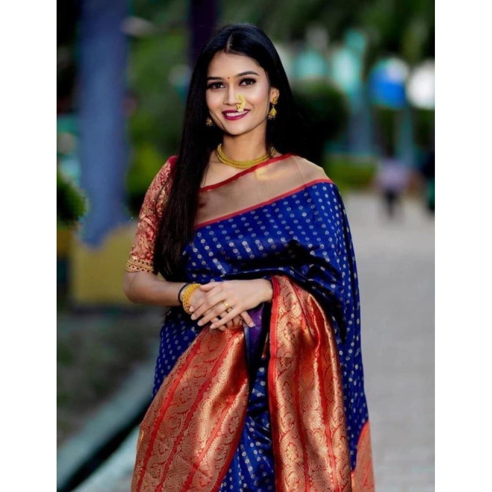 Generic Women's Litchi silk Printed Saree With Unstitched Blouse (Blue) Main image
